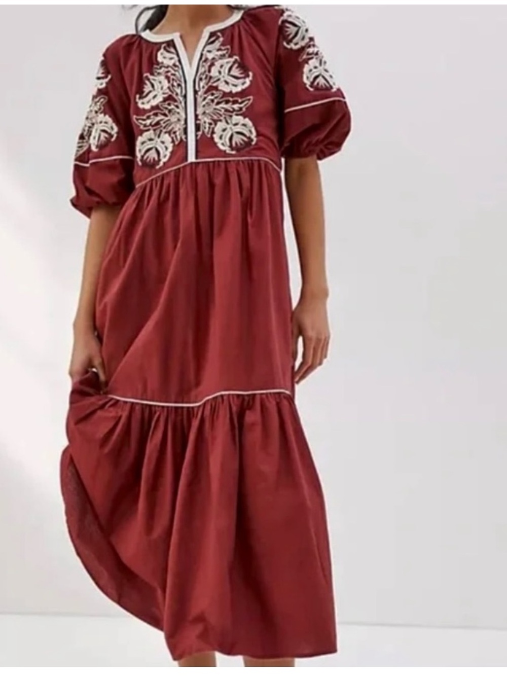 Anthropologie Embroidered Puff-Sleeve Maxi Dress in Burgundy and White